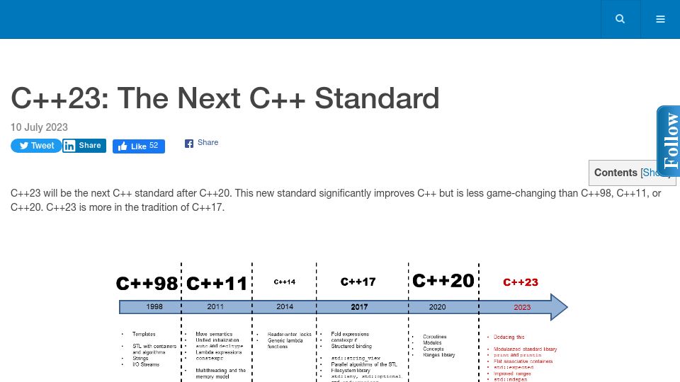 Screenshot of modernescpp.com: C++23: The Next C++ Standard