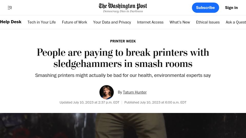 Screenshot of washingtonpost.com: People are paying to break printers with sledgehammers in smash rooms
