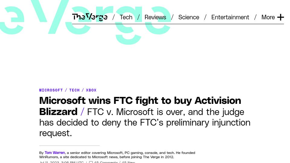 Screenshot of theverge.com: Microsoft wins FTC fight to buy Activision Blizzard