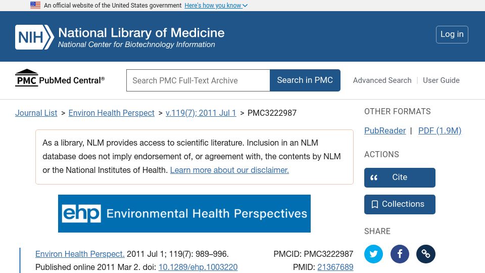 Screenshot of ncbi.nlm.nih.gov: Most plastic products release estrogenic chemicals (2011)
