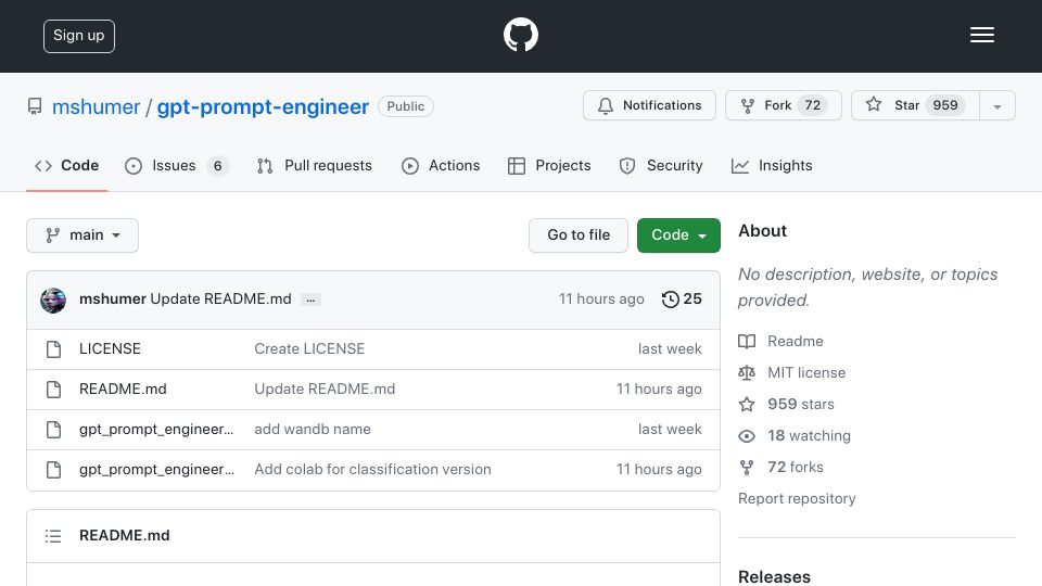 Screenshot of github.com: GPT-Prompt-Engineer
