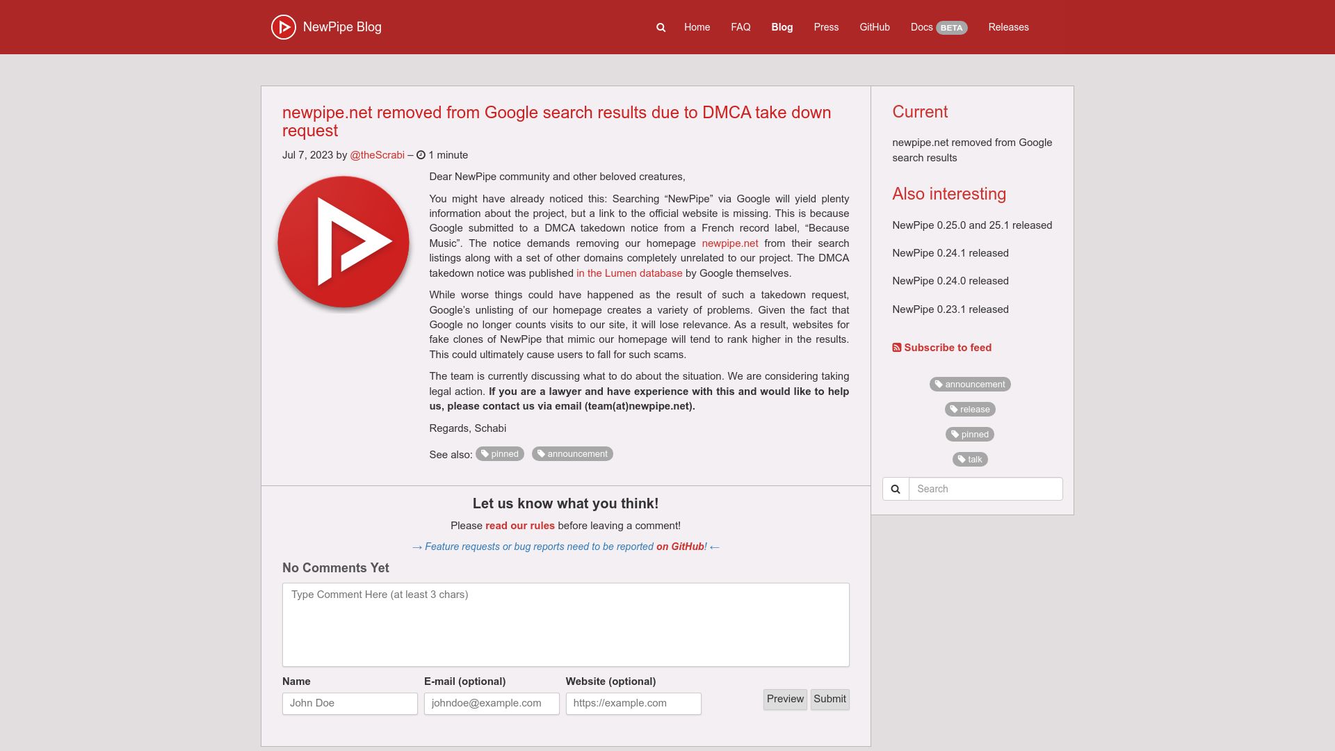 Screenshot of newpipe.net: Newpipe.net removed from Google search results due to DMCA take down request
