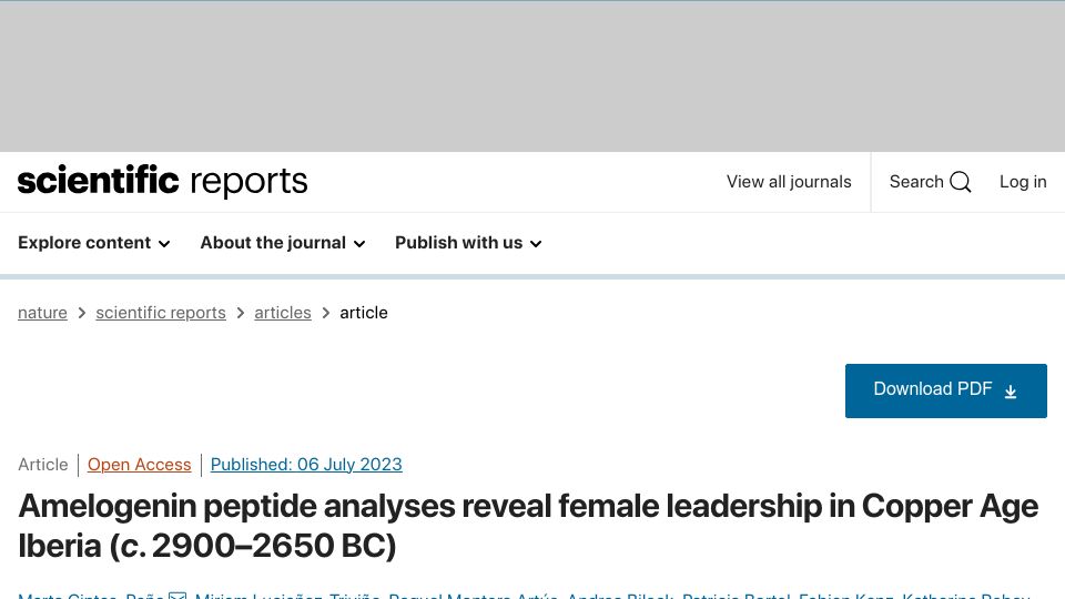Screenshot of nature.com: Peptide analyses reveal female leadership in Copper Age Iberia (C. 2900–2650 BC)