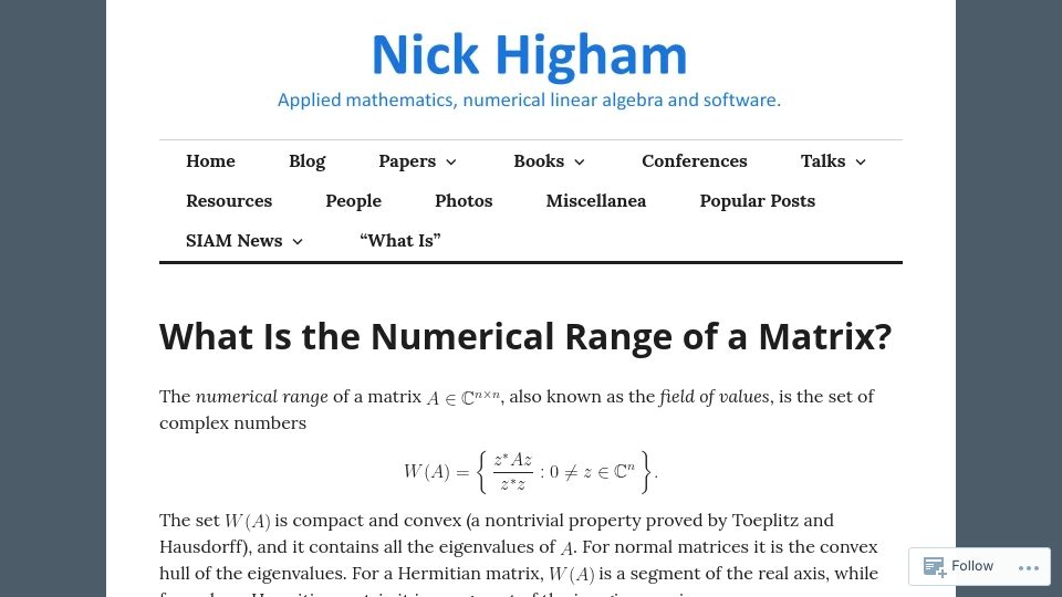 Screenshot of nhigham.com: What Is the Numerical Range of a Matrix?