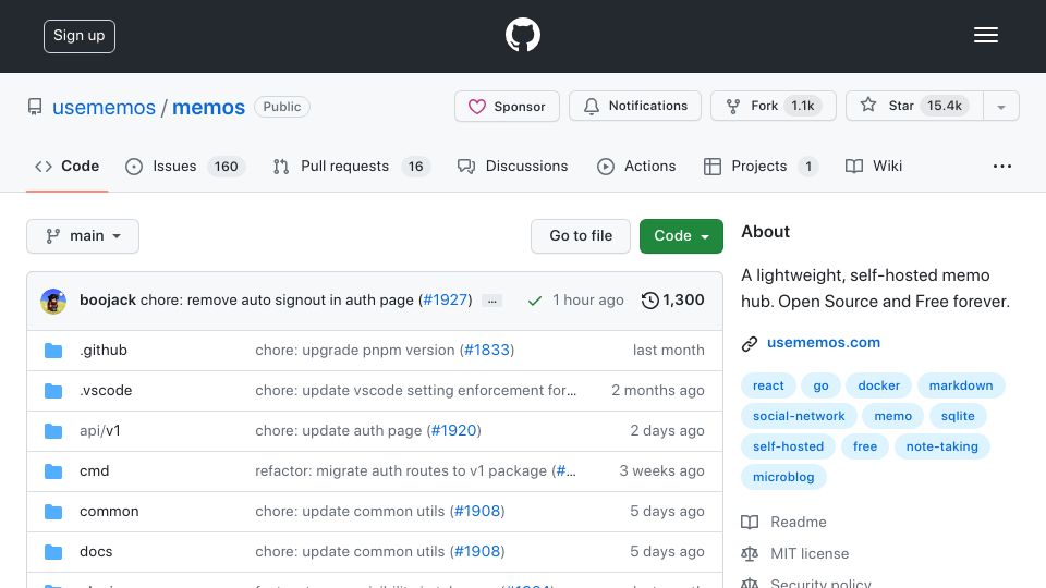 Screenshot of github.com: Memos: A lightweight, self-hosted memo hub