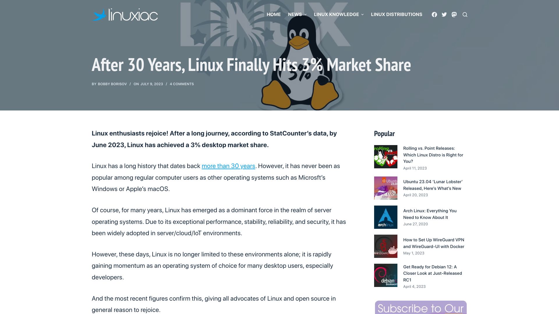 Screenshot of linuxiac.com: Linux has achieved a 3% desktop market share