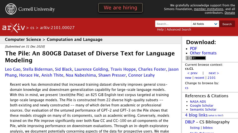 Screenshot of arxiv.org: The Pile: An 800GB dataset of diverse text for language modeling (2020)
