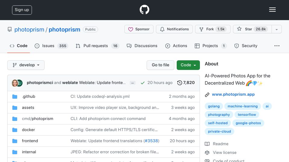 Screenshot of github.com: PhotoPrism: AI-powered photos app for the decentralized web