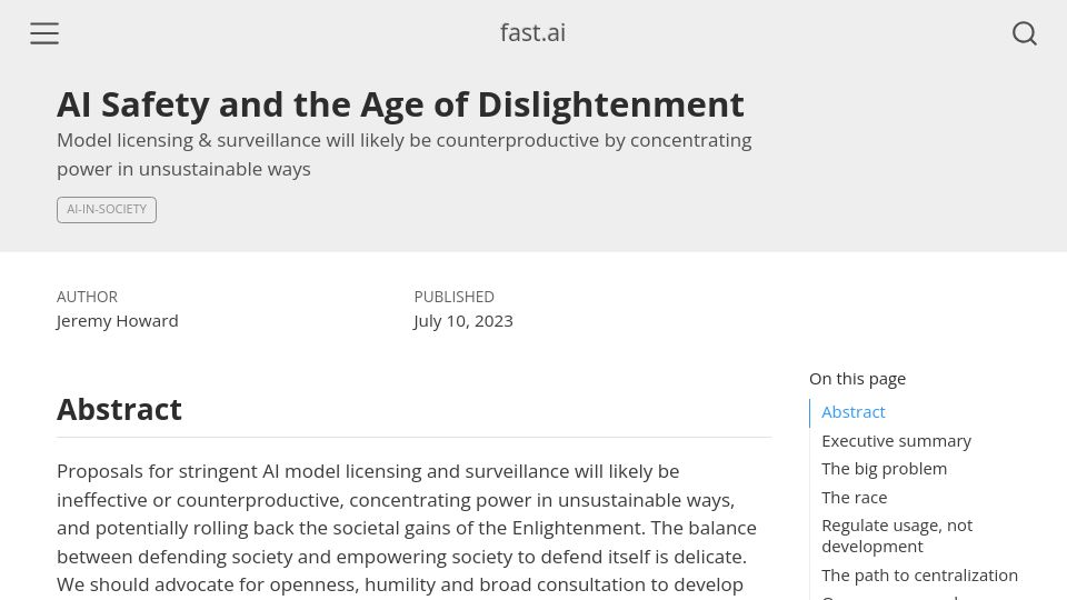 Screenshot of fast.ai: AI Safety and the Age of Dislightenment