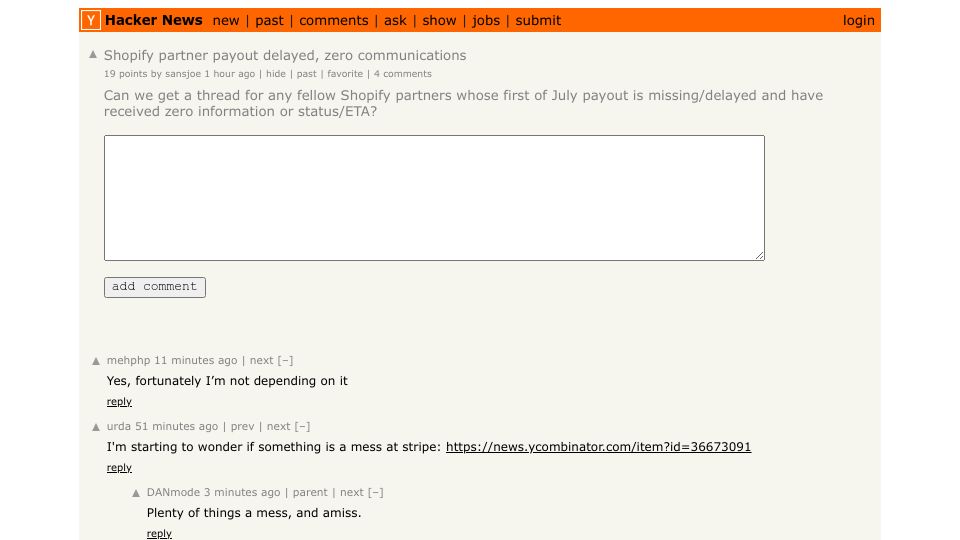 Screenshot of Hacker News post: Shopify partner payout delayed, zero communications