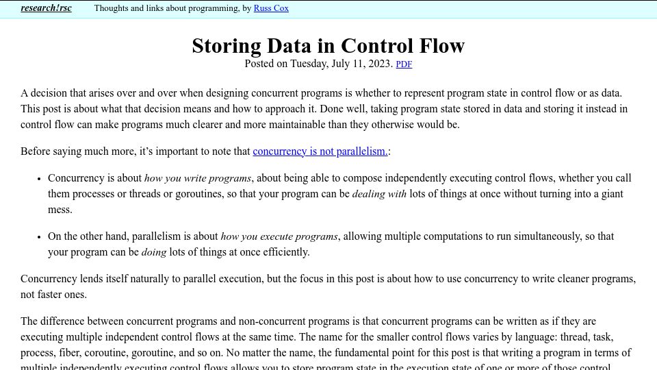 Screenshot of research.swtch.com: Storing Data in Control Flow