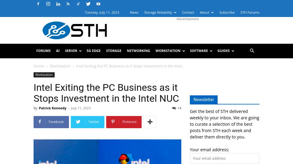 Screenshot of servethehome.com: Intel exiting the PC business as it stops investment in the Intel NUC