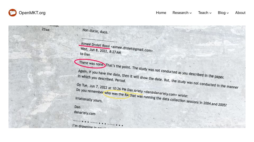Screenshot of openmkt.org: UCLA professor refuses to cover for Dan Ariely in issue of data provenance