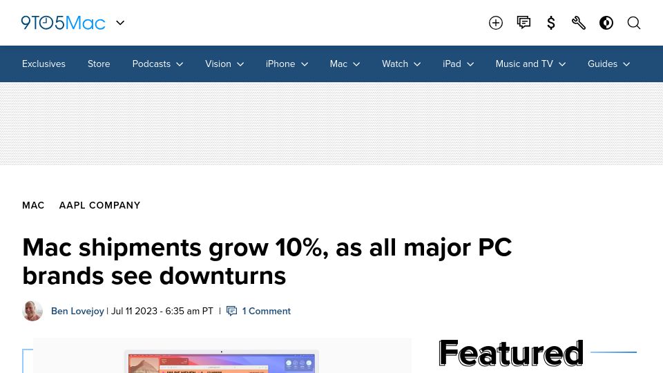 Screenshot of 9to5mac.com: Mac shipments grow 10%, as all major PC brands see downturns