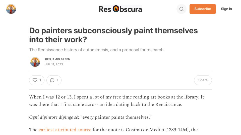 Screenshot of resobscura.substack.com: Do painters subconsciously paint themselves into their work?