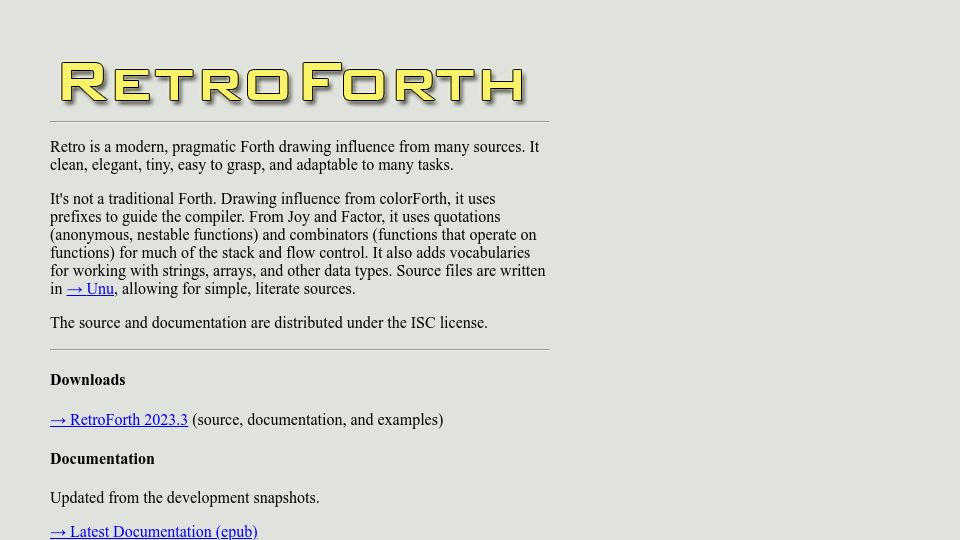 Screenshot of retroforth.org: Retro: A modern, pragmatic Forth