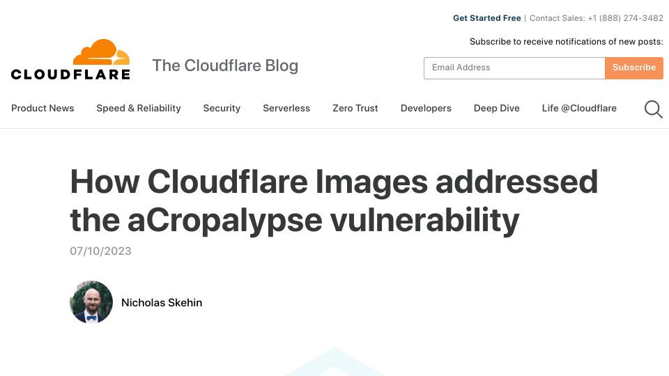 Screenshot of blog.cloudflare.com: How Cloudflare Images addressed the aCropalypse vulnerability
