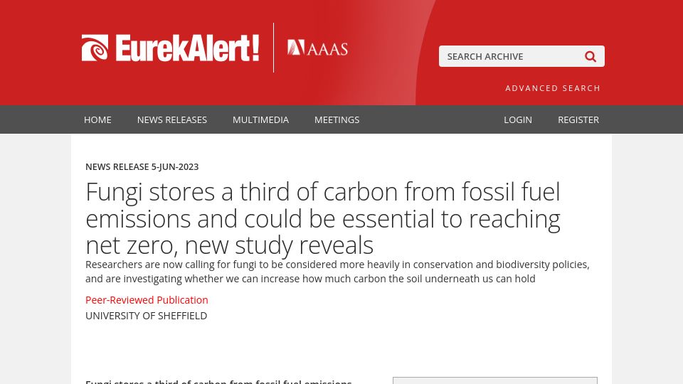 Screenshot of eurekalert.org: Fungi stores a third of carbon from fossil fuel emissions