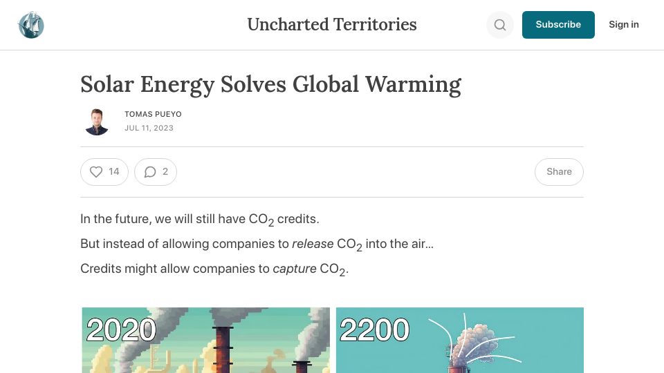 Screenshot of unchartedterritories.tomaspueyo.com: Solar Energy Solves Global Warming