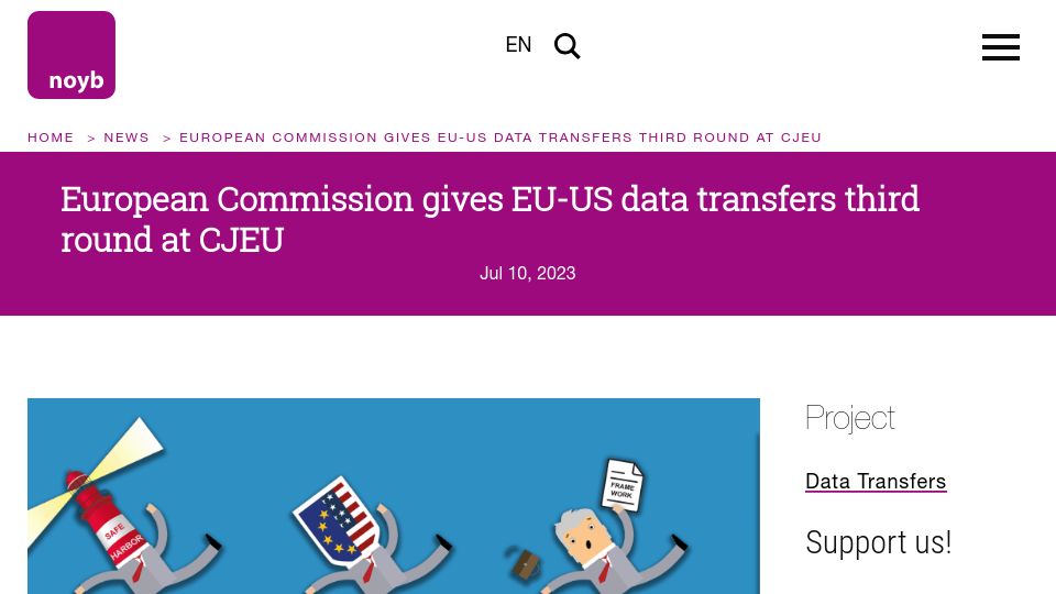 Screenshot of noyb.eu: New Trans-Atlantic Data Privacy Framework Largely a Copy of “Privacy Shield”