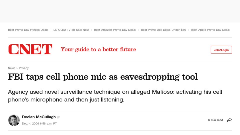 Screenshot of cnet.com: FBI taps cell phone mic as eavesdropping tool (2006)