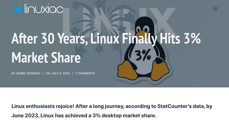 Screenshot of linuxiac.com: Linux has achieved a 3% desktop market share