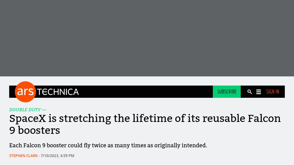 Screenshot of arstechnica.com: SpaceX is stretching the lifetime of its reusable Falcon 9 boosters