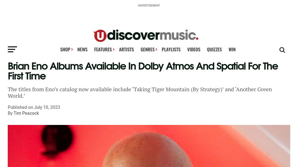 Screenshot of udiscovermusic.com: Brian Eno albums available in Dolby Atmos and Spatial