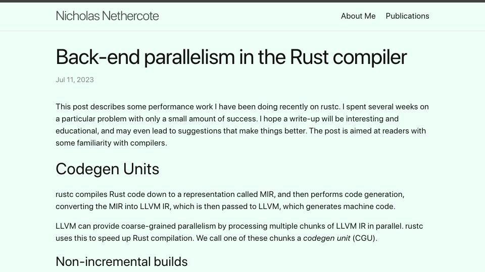 Screenshot of nnethercote.github.io: Back-end parallelism in the Rust compiler