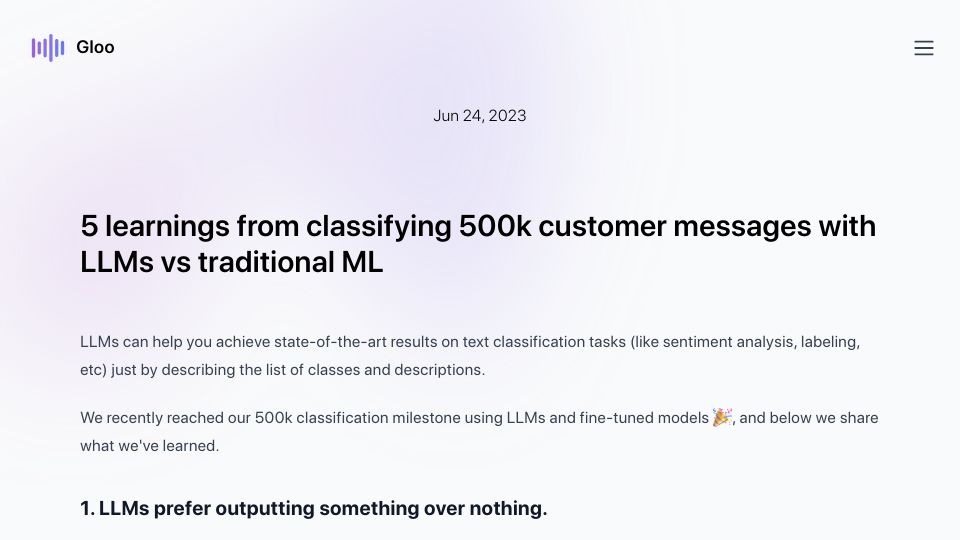 Screenshot of trygloo.com: Classifying customer messages with LLMs vs traditional ML