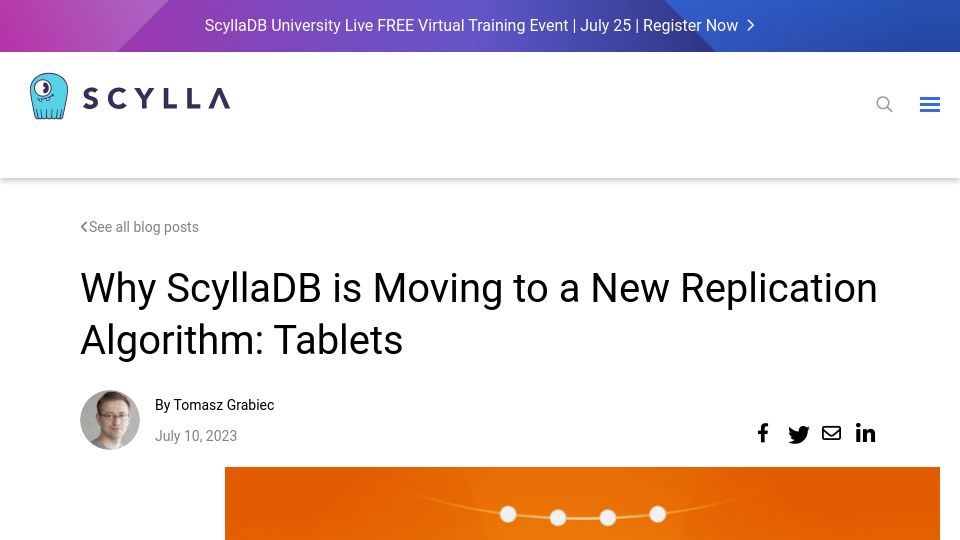 Screenshot of scylladb.com: ScyllaDB is Moving to a New Replication Algorithm: Tablets