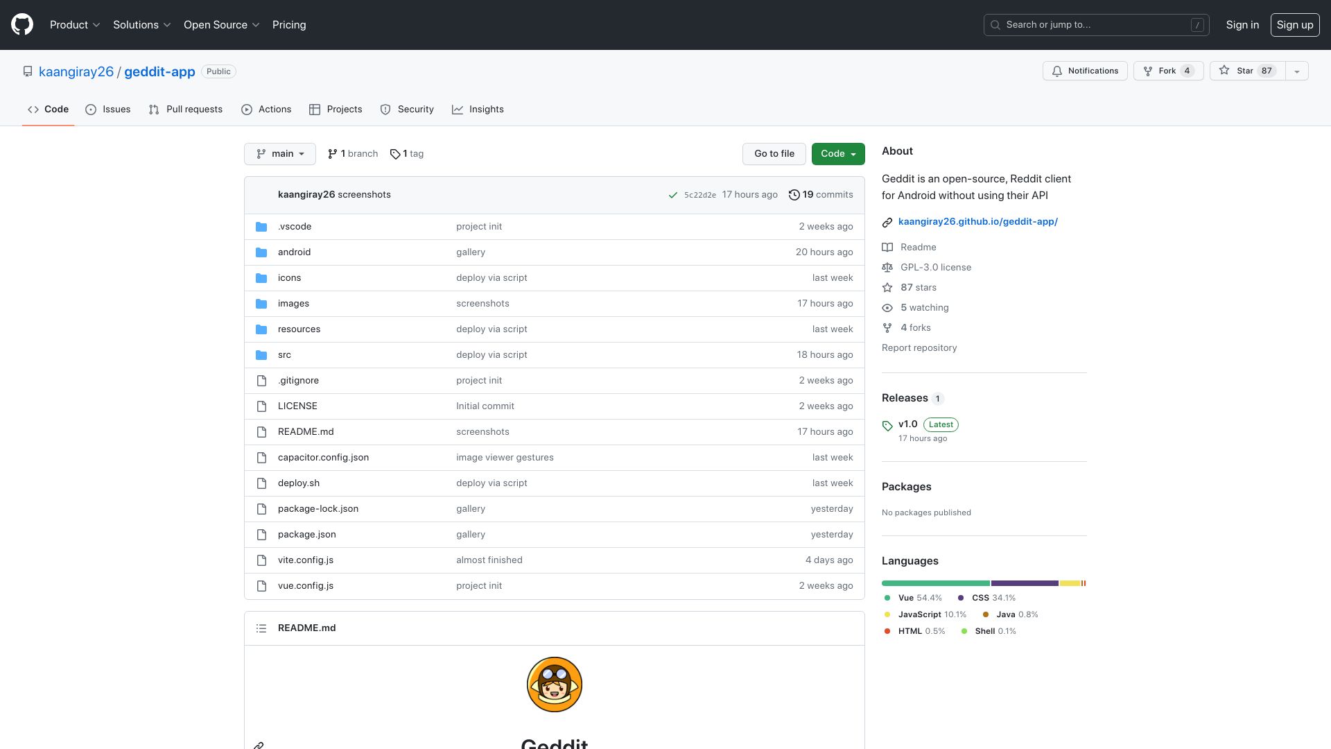 Screenshot of github.com: Geddit: Open-source, Reddit client for Android without using API