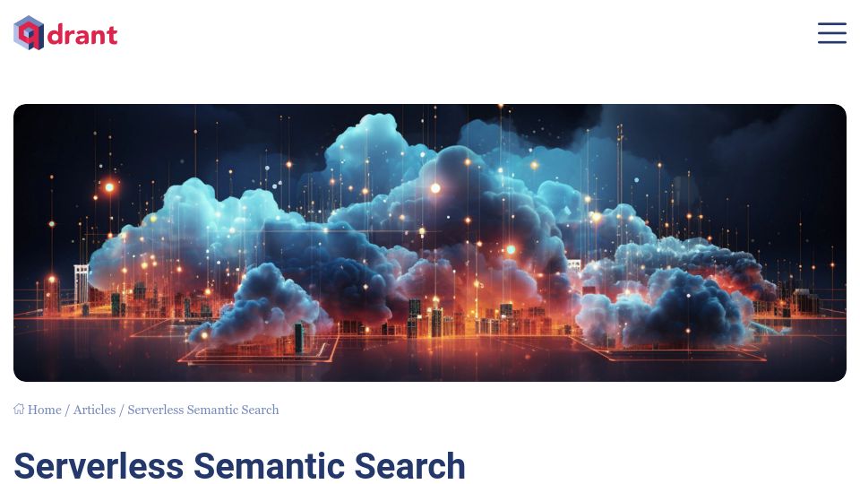 Screenshot of qdrant.tech: Serverless Semantic Search, Free tier only