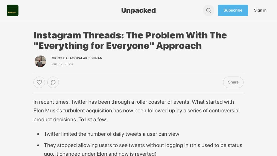 Screenshot of thisisunpacked.substack.com: Instagram Threads: The problem with the “everything for everyone” approach