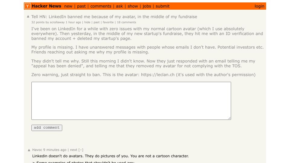 Screenshot of Hacker News post: Tell HN: LinkedIn banned me because of my avatar, in the middle of my fundraise