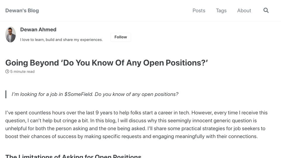 Screenshot of dewanahmed.com: Going beyond ‘do you know of any open positions?’