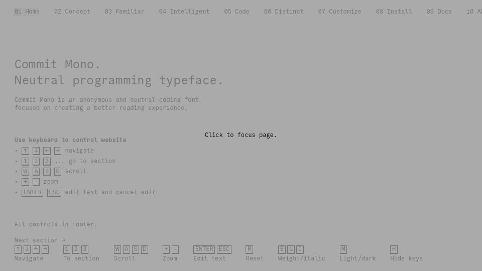Screenshot of commitmono.com: Commit Mono – Neutral programming typeface