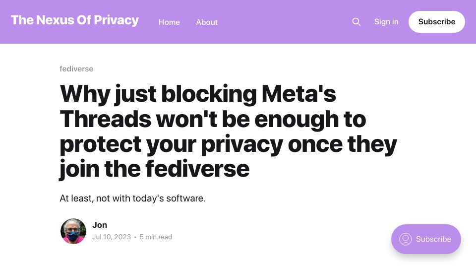 Screenshot of privacy.thenexus.today: Blocking Threads won't be enough to protect privacy once they join the Fediverse