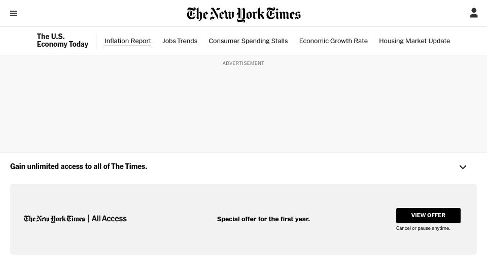Screenshot of nytimes.com: June Inflation Drops to 3%