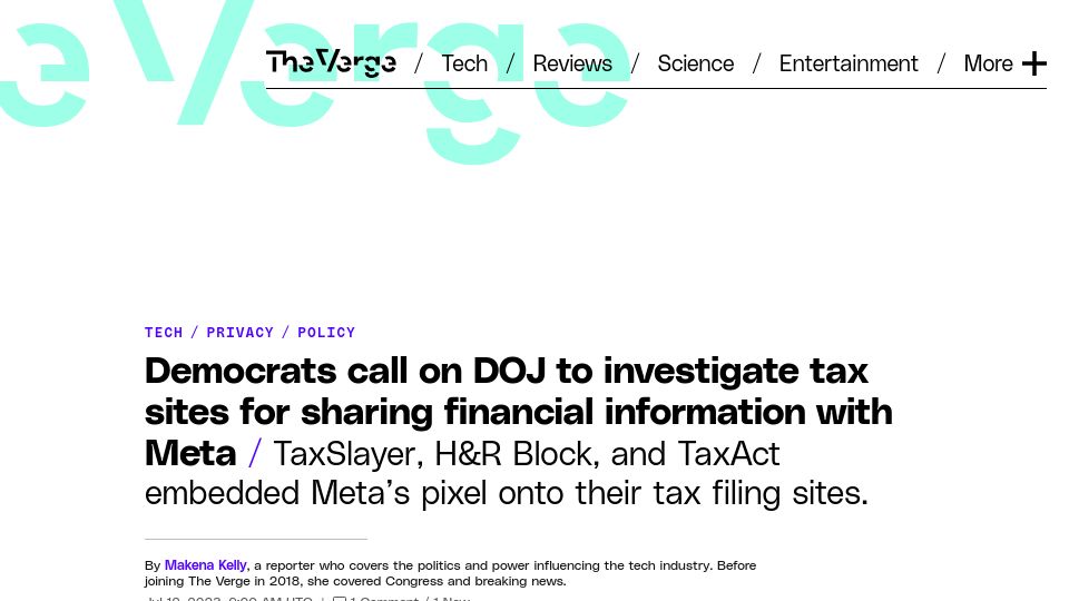 Screenshot of theverge.com: Calls to investigate tax sites for sharing financial information with Meta