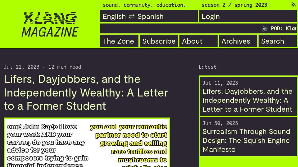 Screenshot of klangmag.co: Lifers, Dayjobbers, and the Independently Wealthy: A Letter to a Former Student