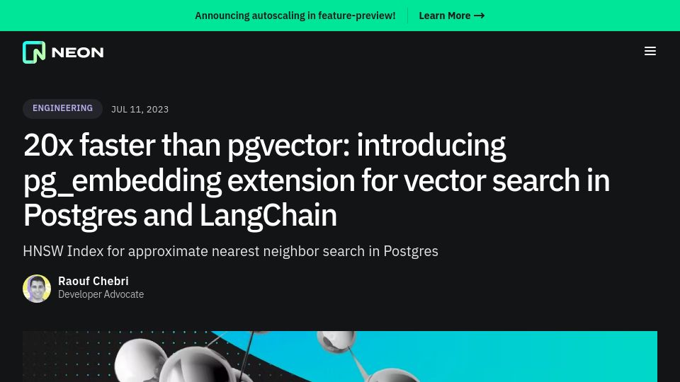 Screenshot of neon.tech: 20x faster than pgvector: HNSW index in Postgres with pg_embedding