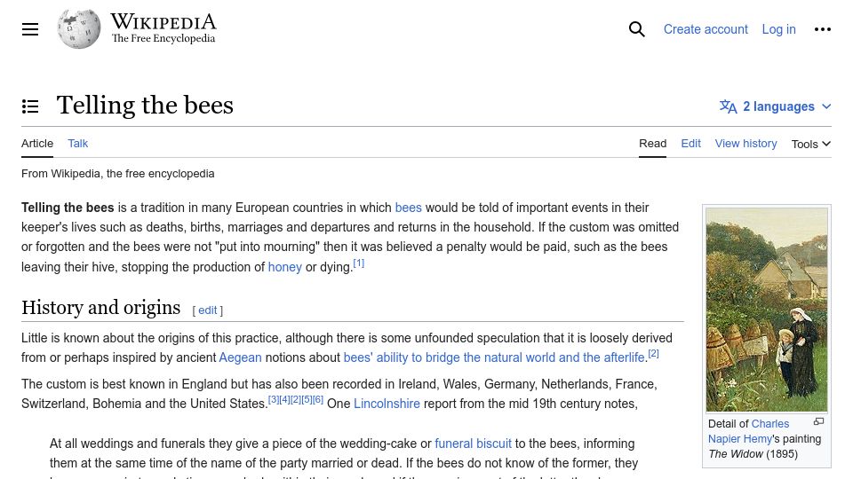 Screenshot of en.wikipedia.org: Telling the Bees