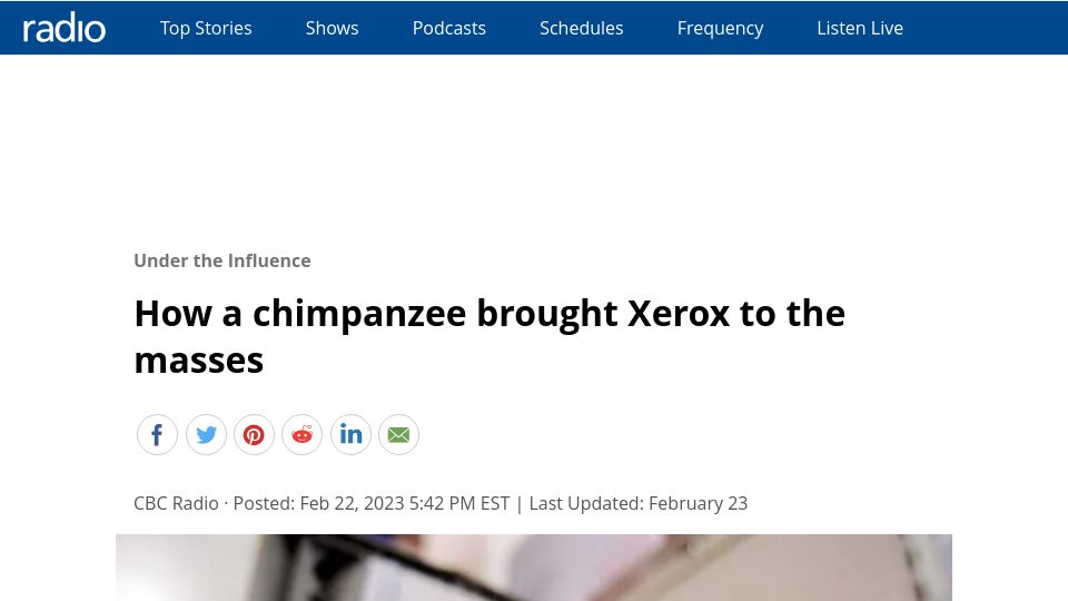Screenshot of cbc.ca: A chimpanzee brought Xerox to the masses
