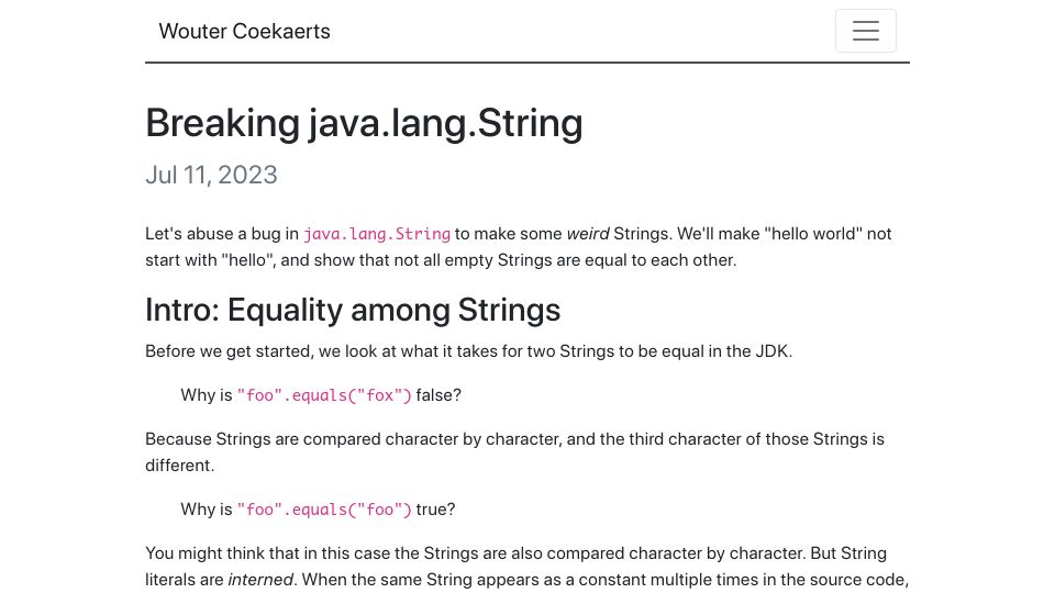 Screenshot of wouter.coekaerts.be: Breaking java.lang.String