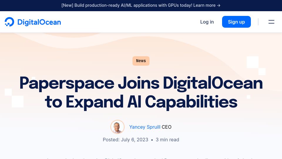 Screenshot of digitalocean.com: Paperspace Joins DigitalOcean to Expand AI Capabilities