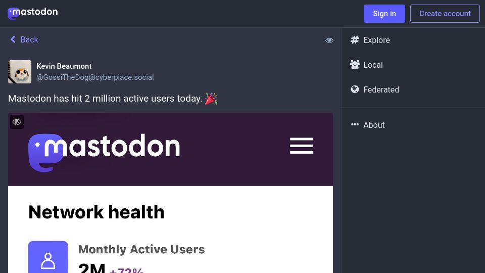 Screenshot of cyberplace.social: Mastodon has hit 2M active users today