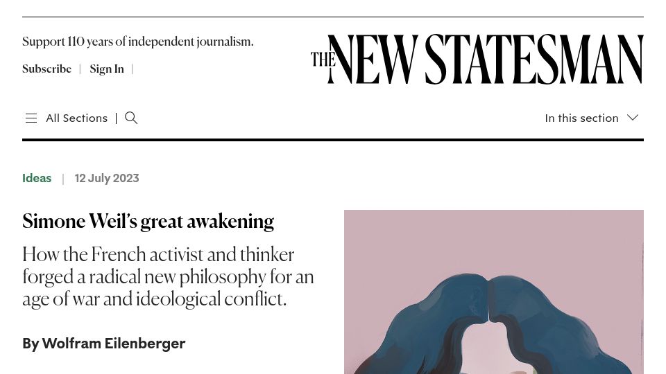 Screenshot of newstatesman.com: Simone Weil’s Great Awakening