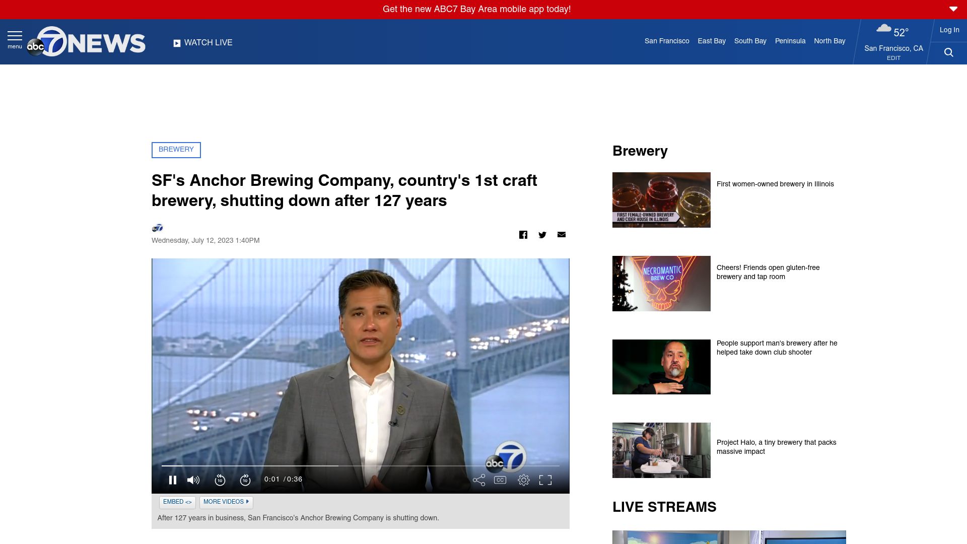 Screenshot of abc7news.com: SF's Anchor Brewing Company shutting down after 127 years