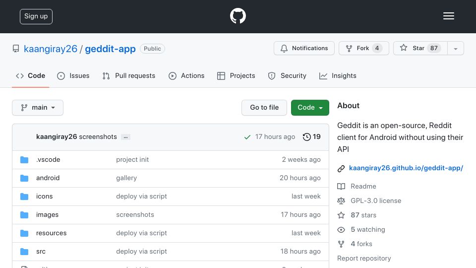 Screenshot of github.com: Geddit: Open-source, Reddit client for Android without using API